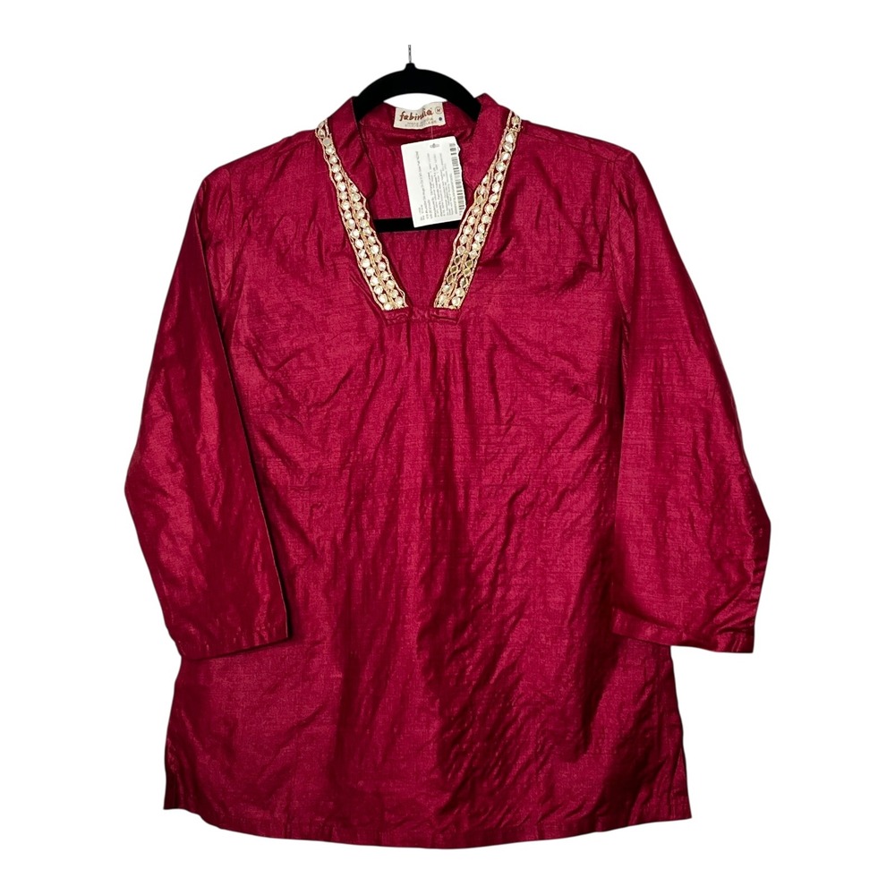 Fabindia Women Silk Muga Kurta Shirt Red Gota Patti Mirror Work Tunic Size M NEW